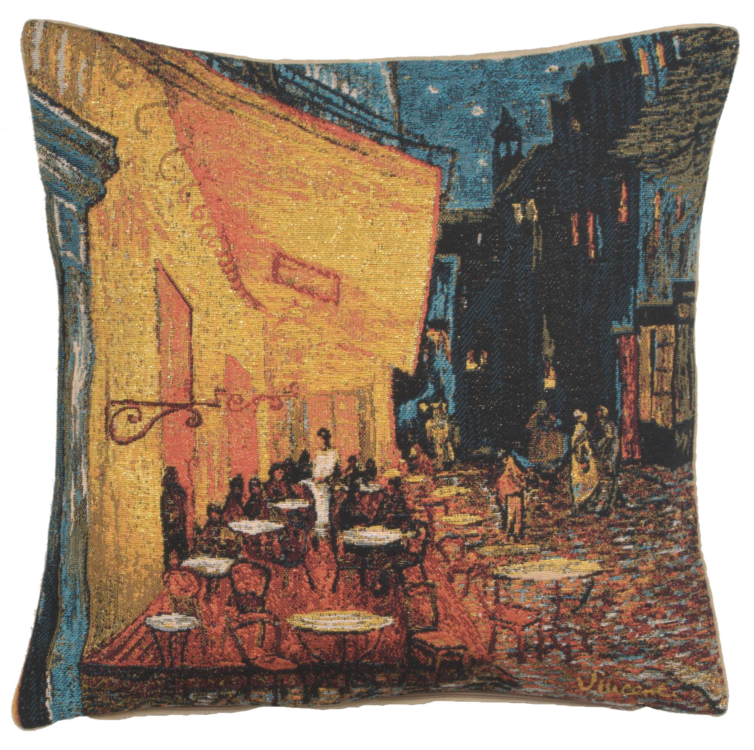 Vincent van Gogh Cafe Terrace at Night Tapestry Pillow Cover 18x18 Inch Cotton Jacquard Woven Cushion Cover