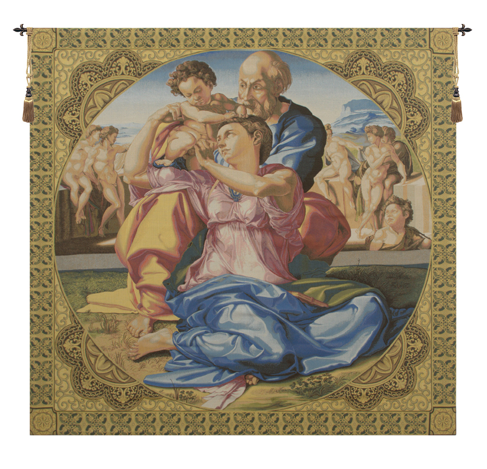 Michelangelo Sacred Family Vintage Tapestry Wall Hanging 53 x 53 in Renaissance Religious Jacquard Woven Wall Art