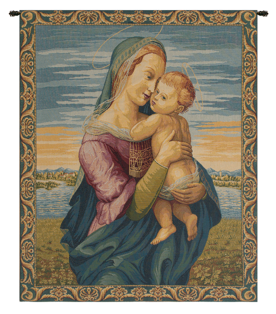 Raphael Madonna with Child Vintage Tapestry Wall Hanging 12 x 8 in Renaissance Christian Jacquard Woven Wall Art