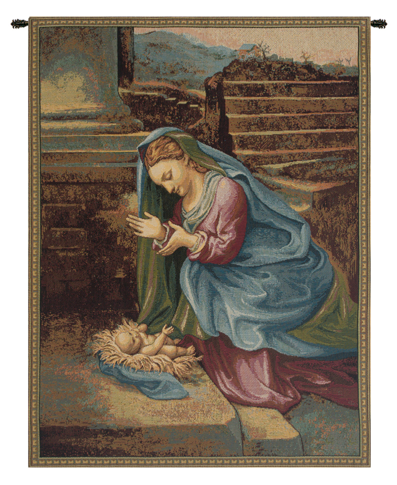 Raphael Madonna Adoring the Child Vintage Tapestry Wall Hanging 12 x 8 in Renaissance Religious Woven Wall Art
