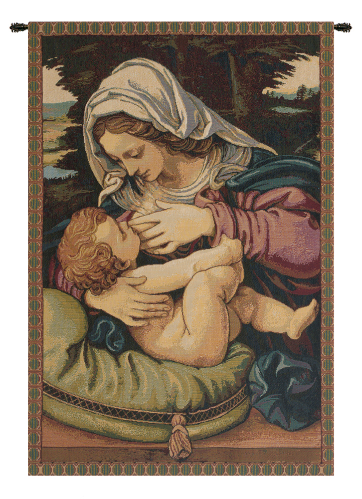 Raphael Madonna del Cuscino Vintage Tapestry Wall Hanging 22 x 17 in Renaissance Christian Jacquard Woven Wall Art