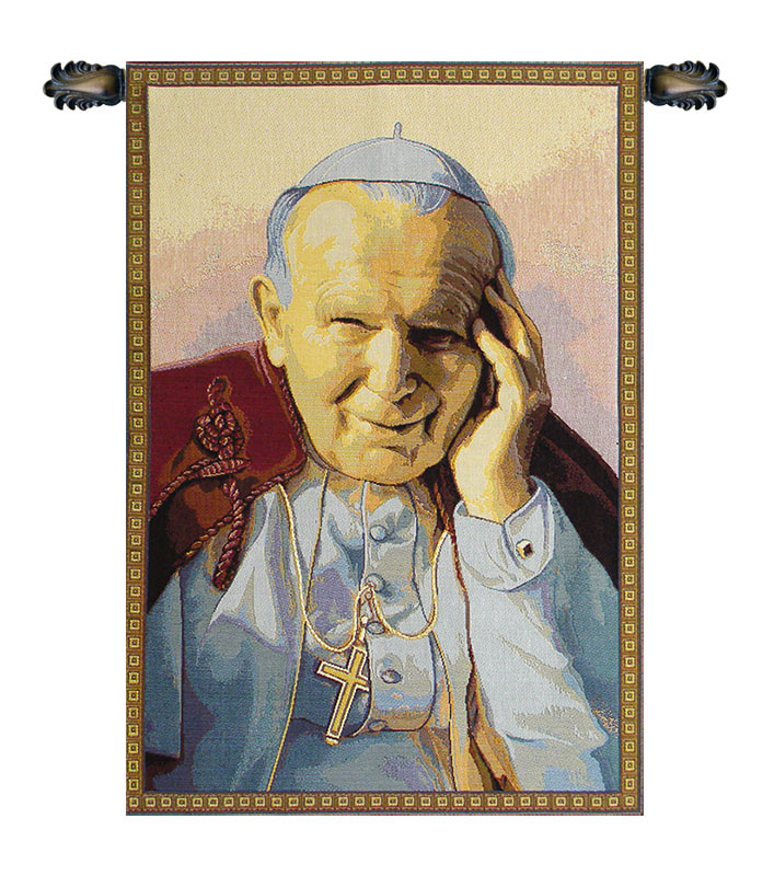 Pope John Paul II Papa Wojtyla Italian Tapestry Wall Hanging 26x17 Inch Cotton Jacquard Woven Wall Tapestry