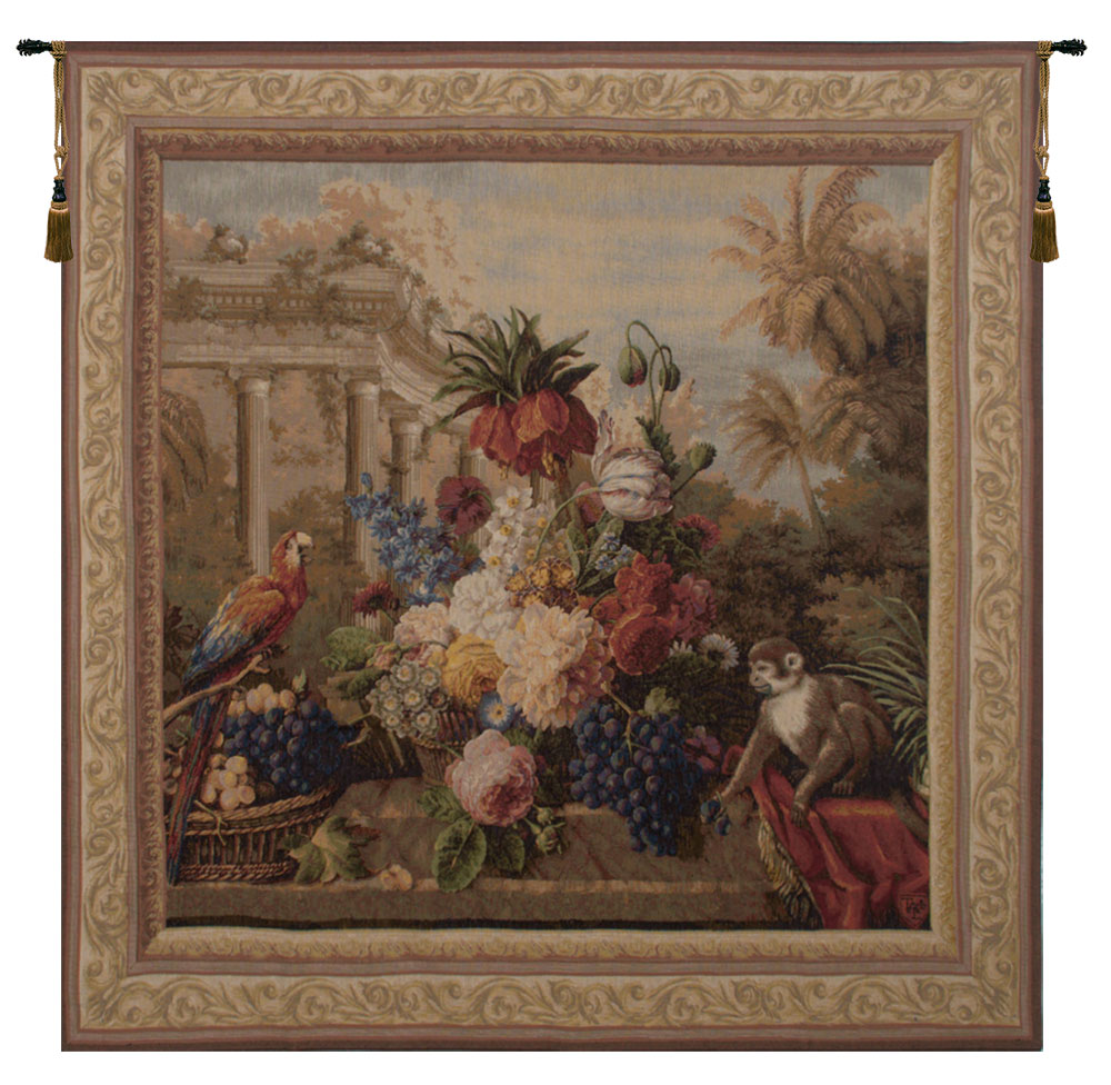 Decorative Bouquet Exotique Monkey Floral Tapestry Wall Hanging 58 x 58 in Jacquard Woven Botanical Animal Wall Art