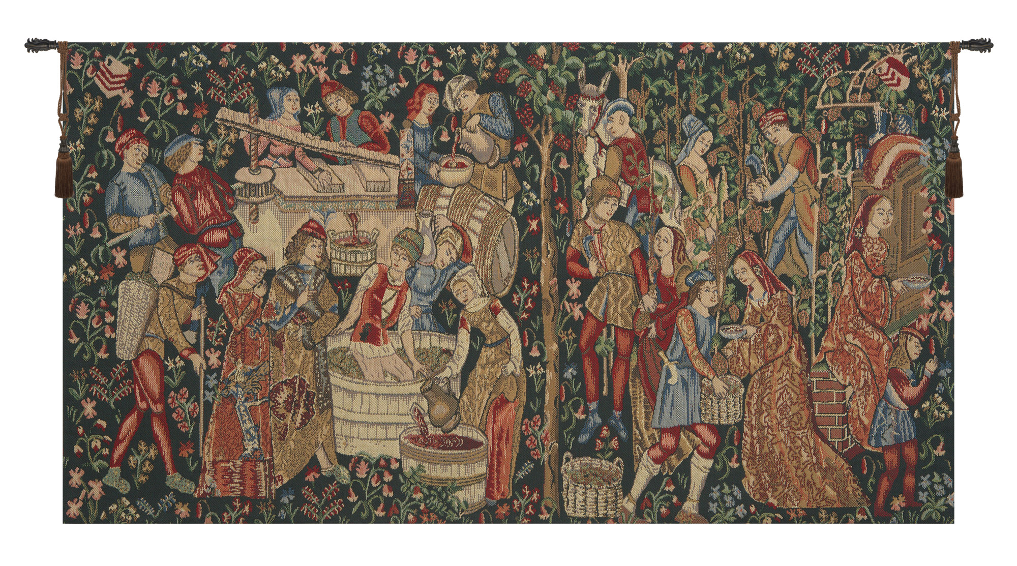 Medieval Vendages Red Tapestry Wall Hanging 22 x 39 in Vineyard Harvest Jacquard Woven European Wall Decor