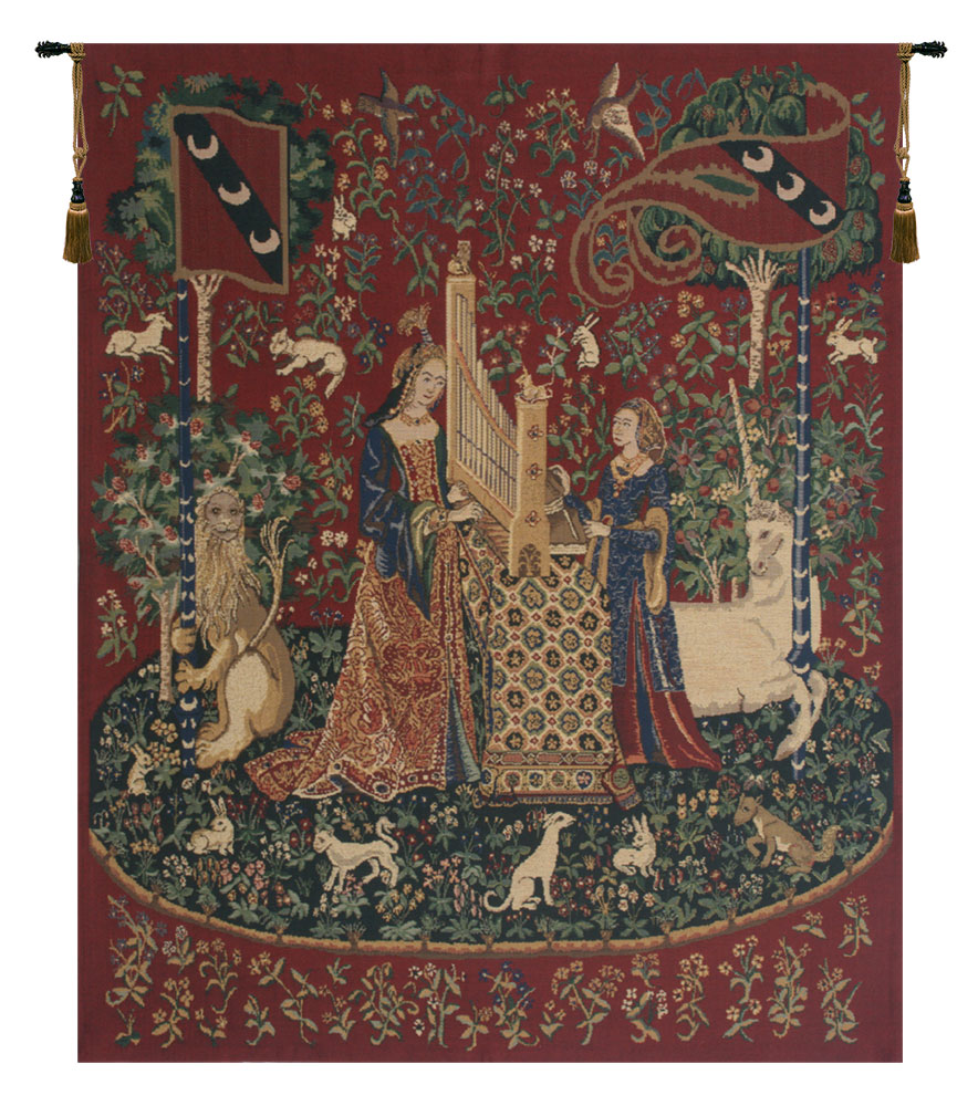 Medieval Lady and the Organ II Vintage Tapestry Wall Hanging 42 x 33 in French Woven Wall Decor