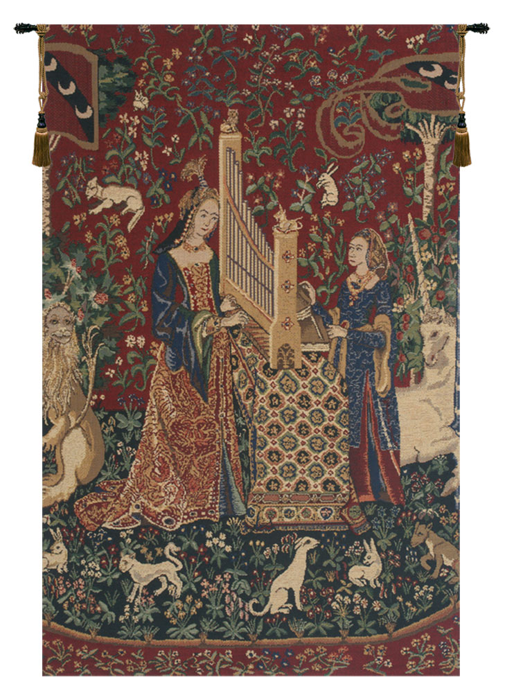 Medieval Lady and the Organ III Vintage Tapestry Wall Hanging 27 x 16 in French Woven Wall Decor
