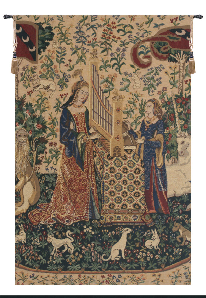 Medieval Lady & the Organ Beige Vintage Tapestry Wall Hanging 27 x 16 in French Woven Wall Decor