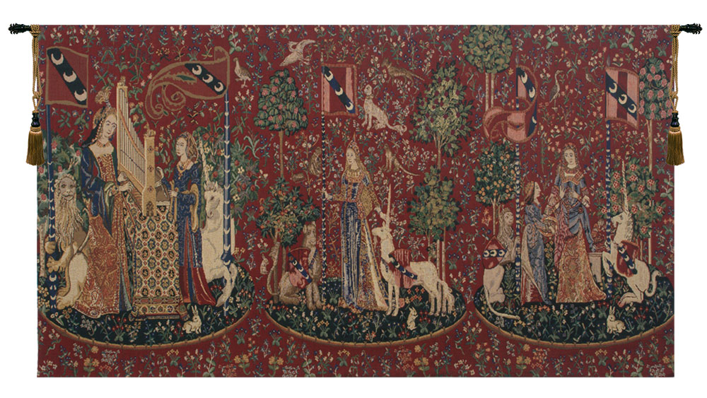 Medieval Lady & the Unicorn Series Vintage Tapestry Wall Hanging 32 x 58 in French Jacquard Woven Decor
