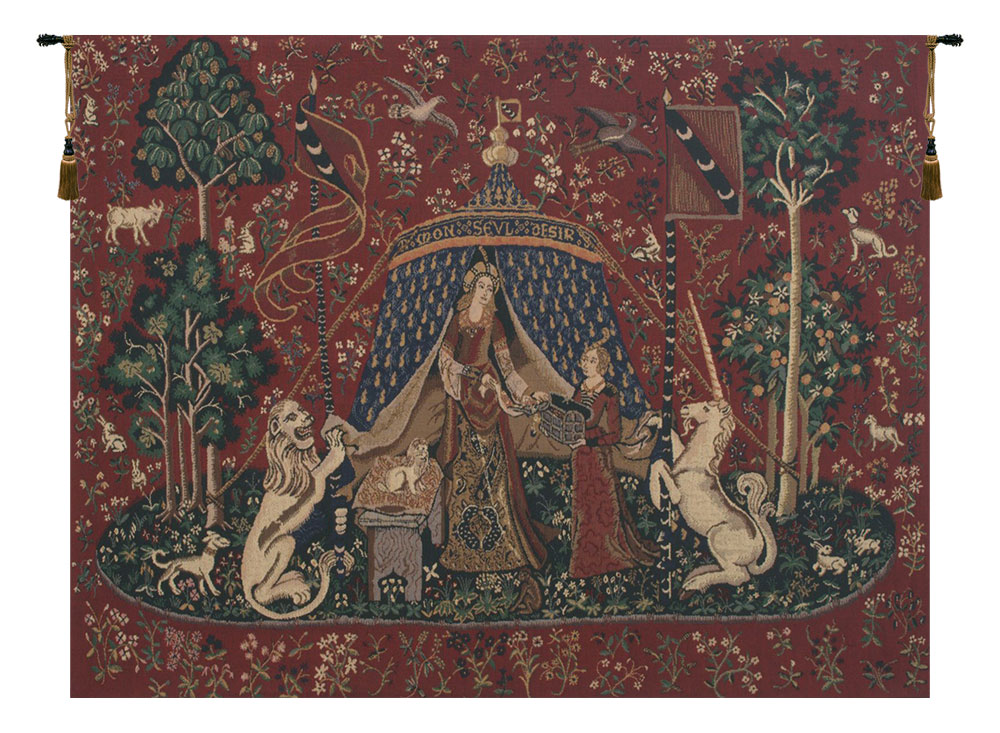 Medieval Lady and the Unicorn Vintage Tapestry Wall Hanging 33 x 44 in French Jacquard Woven Wall Decor