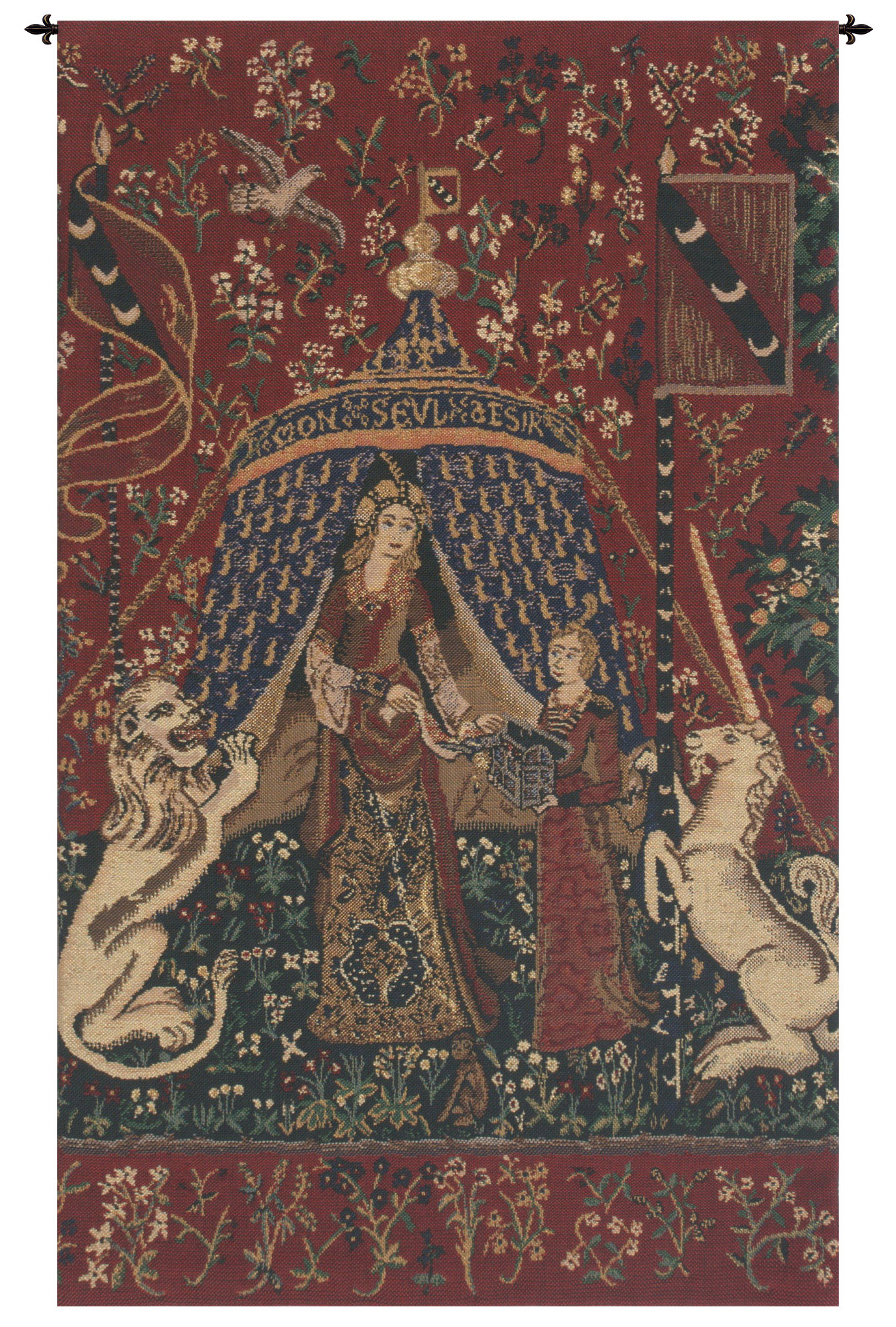 Medieval Seul Desire Vintage Tapestry Wall Hanging 27 x 16 in Lady Unicorn French Woven Wall Decor