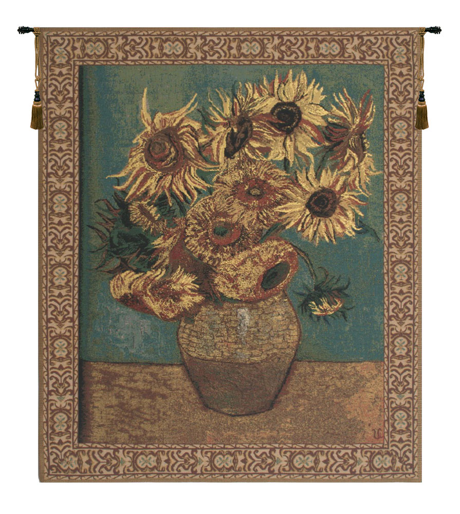 Vincent Van Gogh Sunflowers Vintage Tapestry Wall Hanging 33 x 26 in Floral Fine Art Jacquard Woven Decor