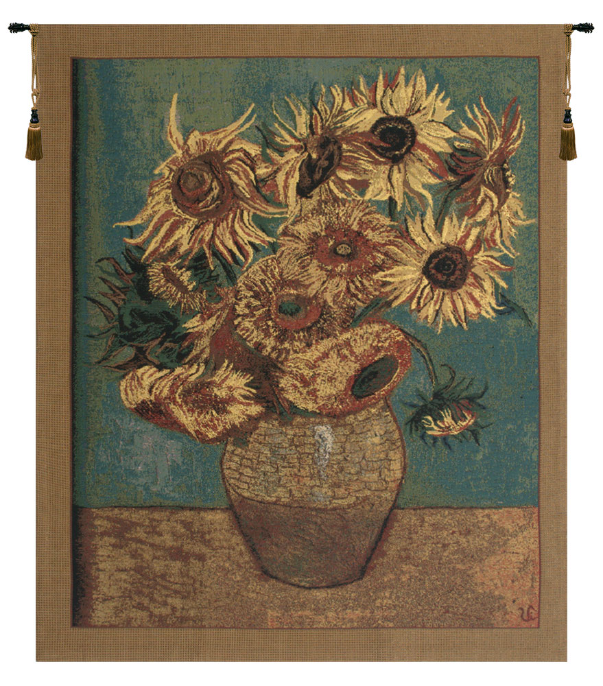 Vincent Van Gogh Sunflowers Gold Vintage Tapestry Wall Hanging 21 x 18 in Floral Fine Art Woven Decor