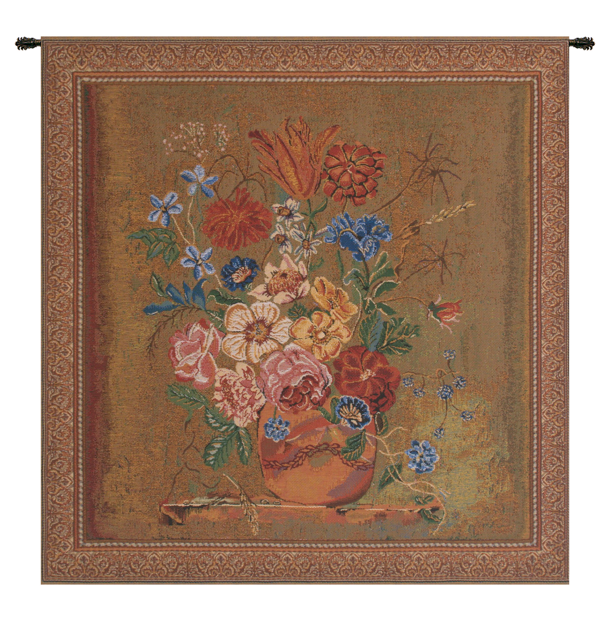 Nicolaes Van Verendael Terracotta Decorative Tapestry Wall Hanging 31 x 30 Floral Still Life Jacquard Woven Decor