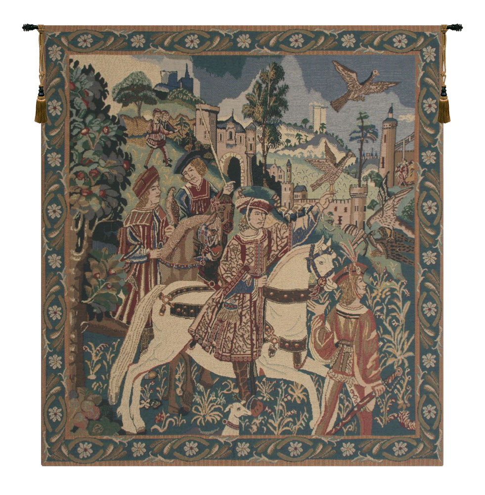 Medieval Falcon Hunt Vintage Tapestry Wall Hanging 37 x 33 in Hunting Scene Jacquard Woven European Decor