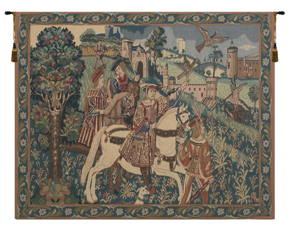 Medieval Falcon Hunt II Vintage Tapestry Wall Hanging 33 x 43 in Hunting Scene Jacquard Woven Decor