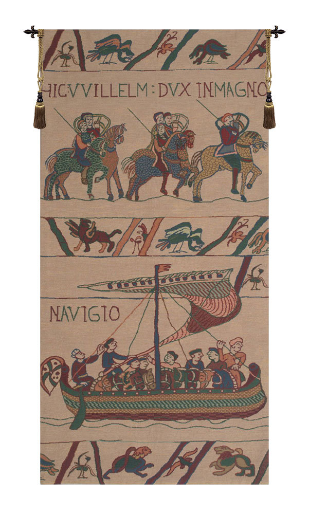 Bayeux William Navigio Vintage Tapestry Wall Hanging 43 x 21 in Medieval Ships Historical Jacquard Woven Decor