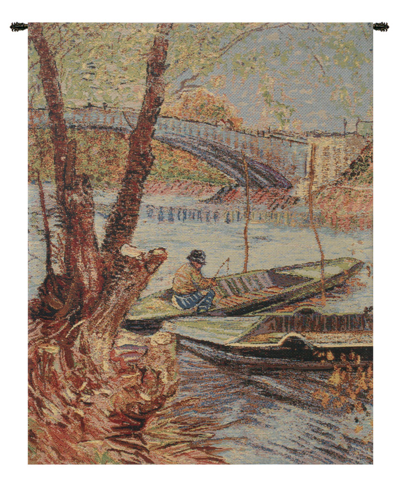 Vincent Van Gogh Fishing Spring Tapestry Wall Hanging 24 x 18 in Impressionist Landscape Jacquard Woven Fine Art Decor