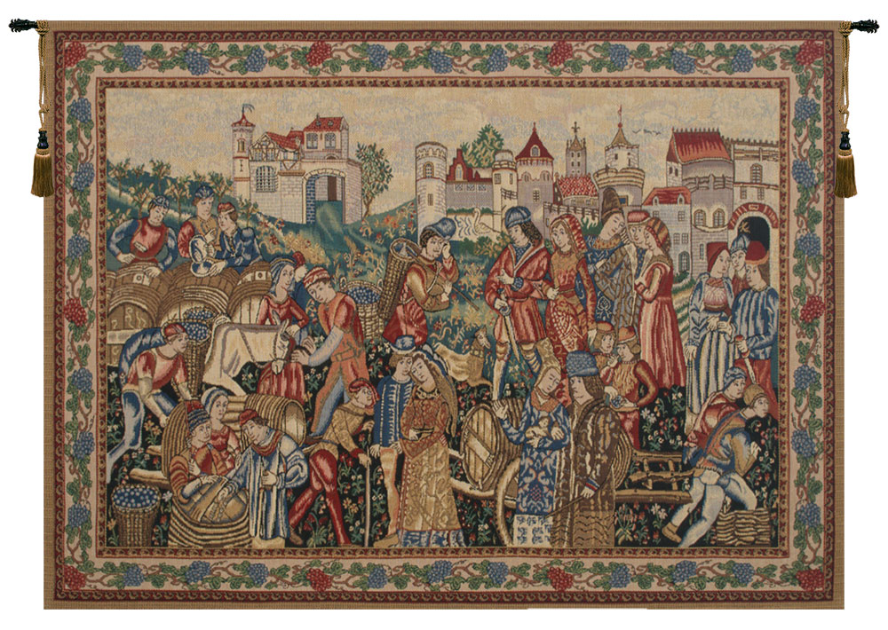 Medieval Wine Merchants Tapestry Wall Hanging 33 x 44 in Vineyard Harvest Jacquard Woven European Wall Art Decor