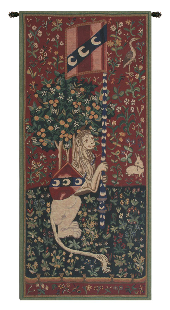 Medieval Portiere du Lion Tapestry Wall Hanging 46 x 21 in Heraldic Lion Jacquard Woven European Wall Decor