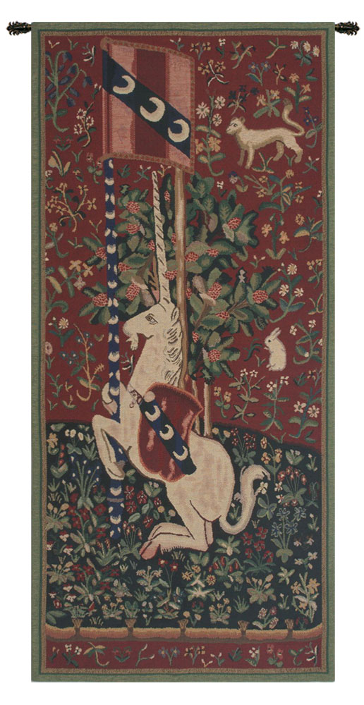 Medieval Portiere de Licorne Tapestry Wall Hanging 46 x 21 in Unicorn Jacquard Woven French Renaissance Wall Decor
