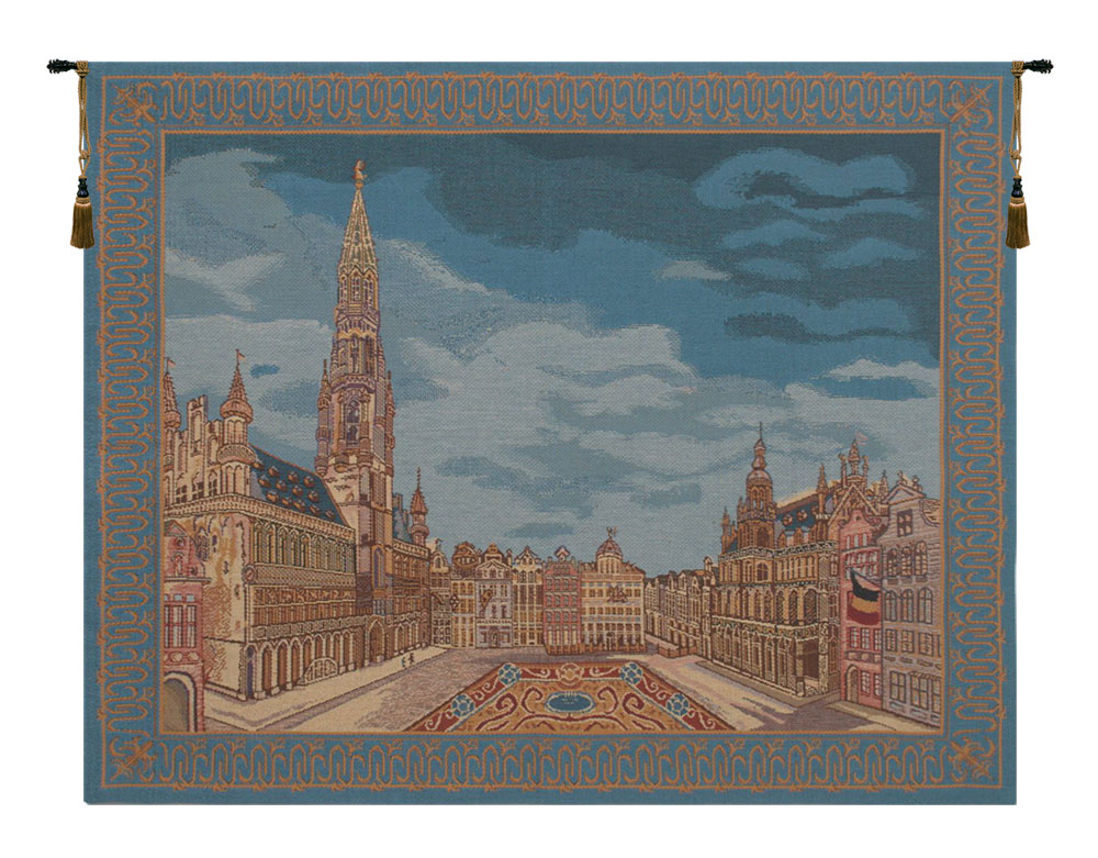 Brussels Place Bleu Belgian Tapestry Wall Hanging 17x22 Inch Cotton Jacquard Woven Wall Tapestry