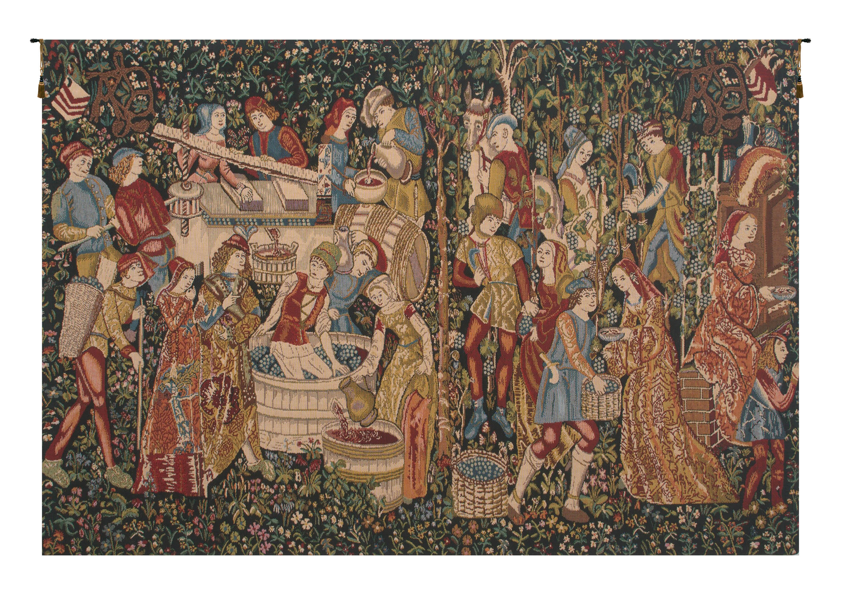 Medieval Wine Makers Terracotta Tapestry Wall Hanging 33 x 47 in Vineyard Harvest Jacquard Woven European Decor