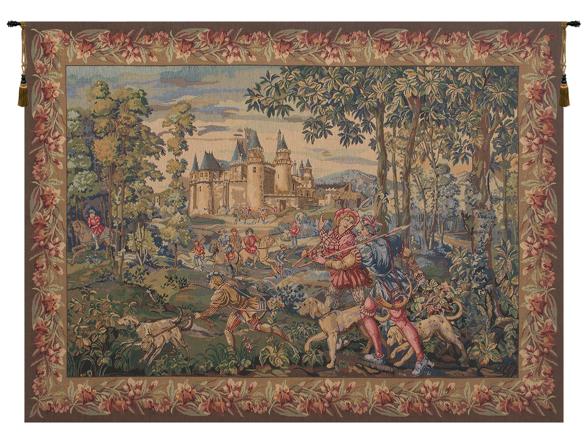 Medieval La Chasse Tapestry Wall Hanging 33 x 45 in Hunting Scene Jacquard Woven French European Wall Decor