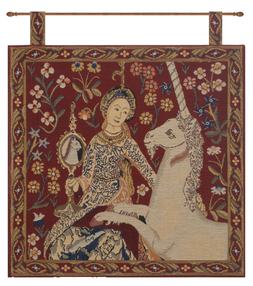 Medieval La Vue Tapestry Wall Hanging with Loops 19 x 19 in Lady Unicorn Jacquard Woven French Wall Decor
