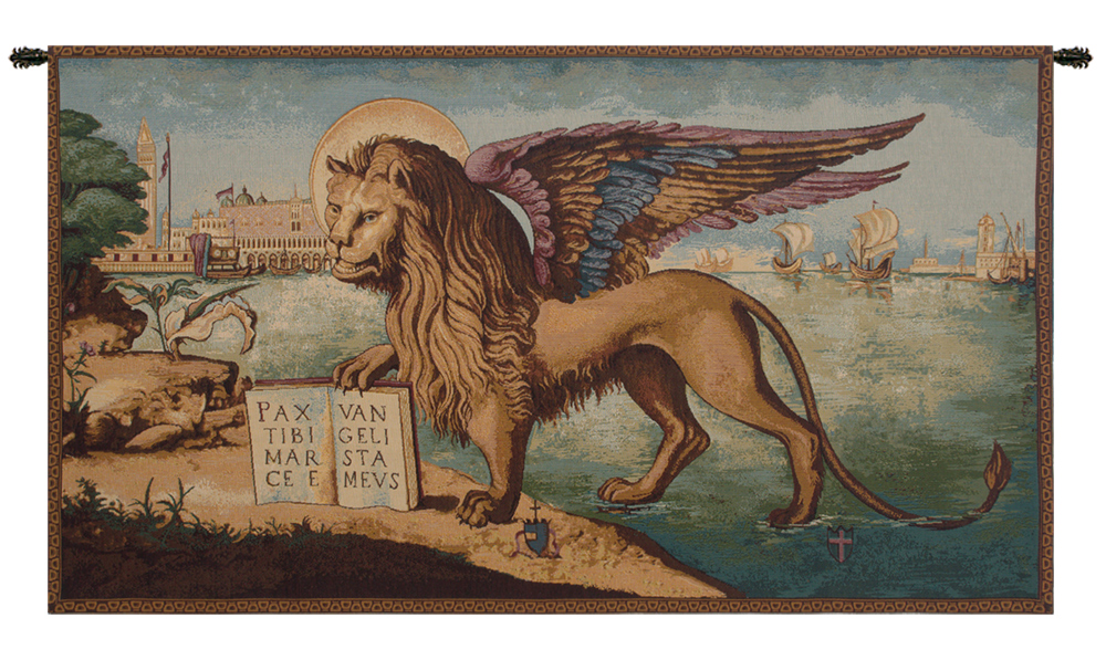 Carpaccio Lion Arrives in Venice Tapestry Wall Hanging 26 x 46 in Venetian Renaissance Jacquard Woven Italian Decor