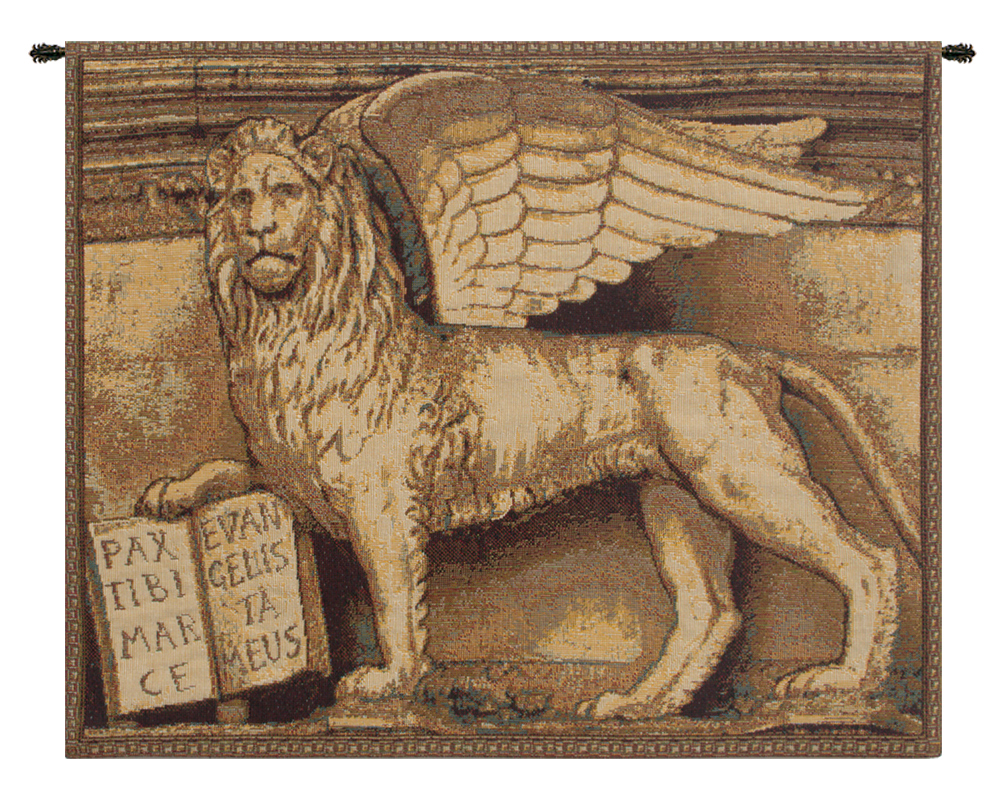 Alberto Passini Lion with Books Tapestry Wall Hanging 12 x 15 in Venetian Heraldic Jacquard Woven Italian Decor