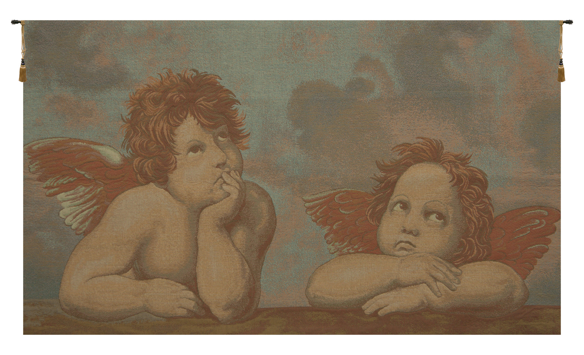 Michelangelo Raphael's Angels Vintage Tapestry Wall Hanging 18 x 33 in Jacquard Woven Renaissance Angel Wall Art