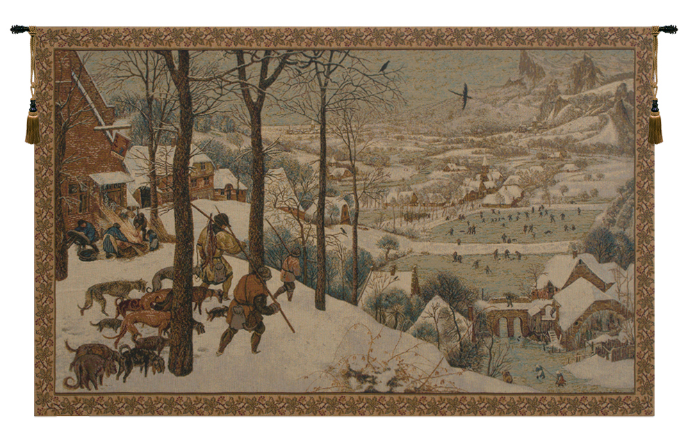 Pieter Bruegel Hunting in the Snow Vintage Tapestry Wall Hanging 24 x 42 in Jacquard Woven Winter Landscape Wall Art