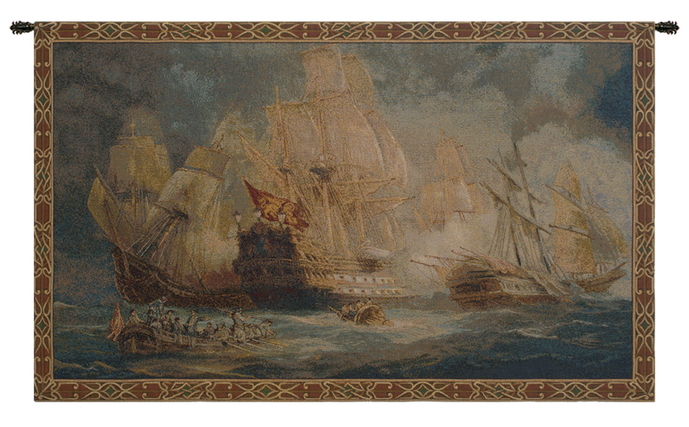 Vintage Naval Battle Tapestry Wall Hanging 24 x 42 in Jacquard Woven Maritime Ship Wall Art