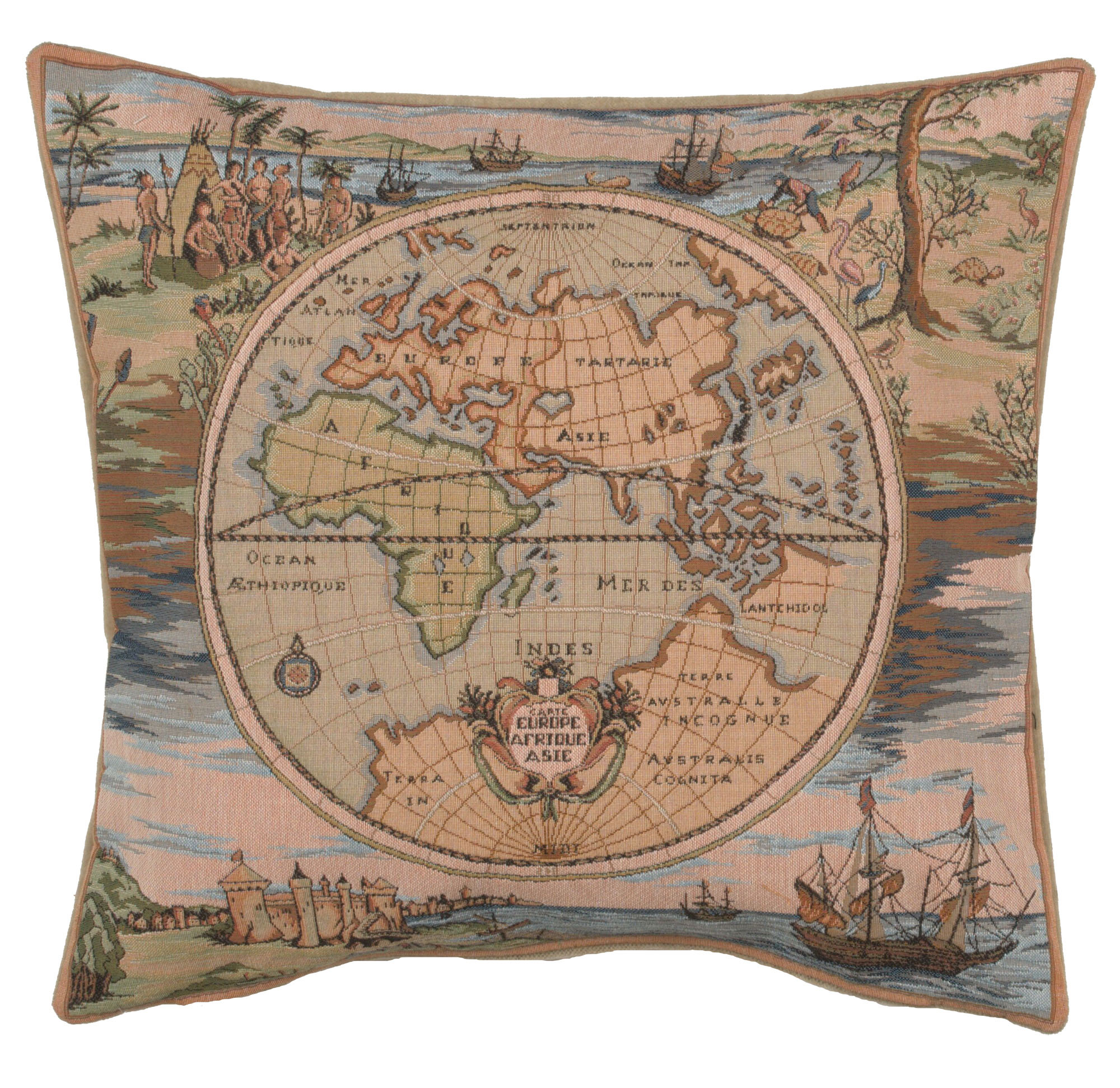 Gerardus Mercator Map of the World Tapestry Pillow Cover 19x19 Inch Cotton Jacquard Woven Cushion Cover
