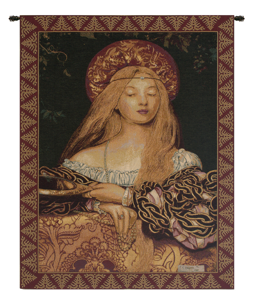 Frank Cadogan Cowper Vanity Tapestry Wall Hanging 32 x 26 in Pre Raphaelite Portrait Jacquard Woven Fine Art Decor