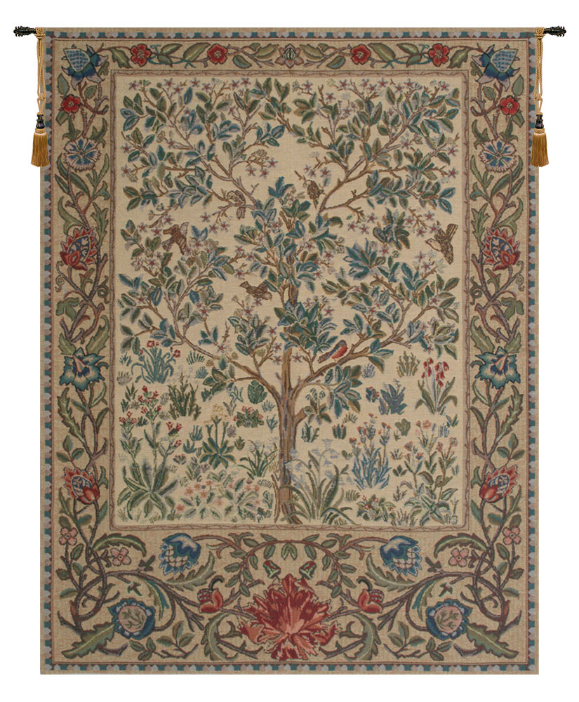 William Morris The Tree of Life Beige Tapestry Wall Hanging 24 x 18 in Arts and Crafts Botanical Jacquard Woven Wall Art