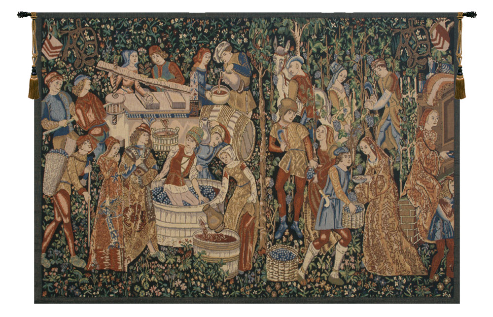 Vendages Rust Belgian Tapestry Wall Hanging 22 in. x 39 in Medieval Grape Harvest Vineyard Jacquard Woven Wall Art
