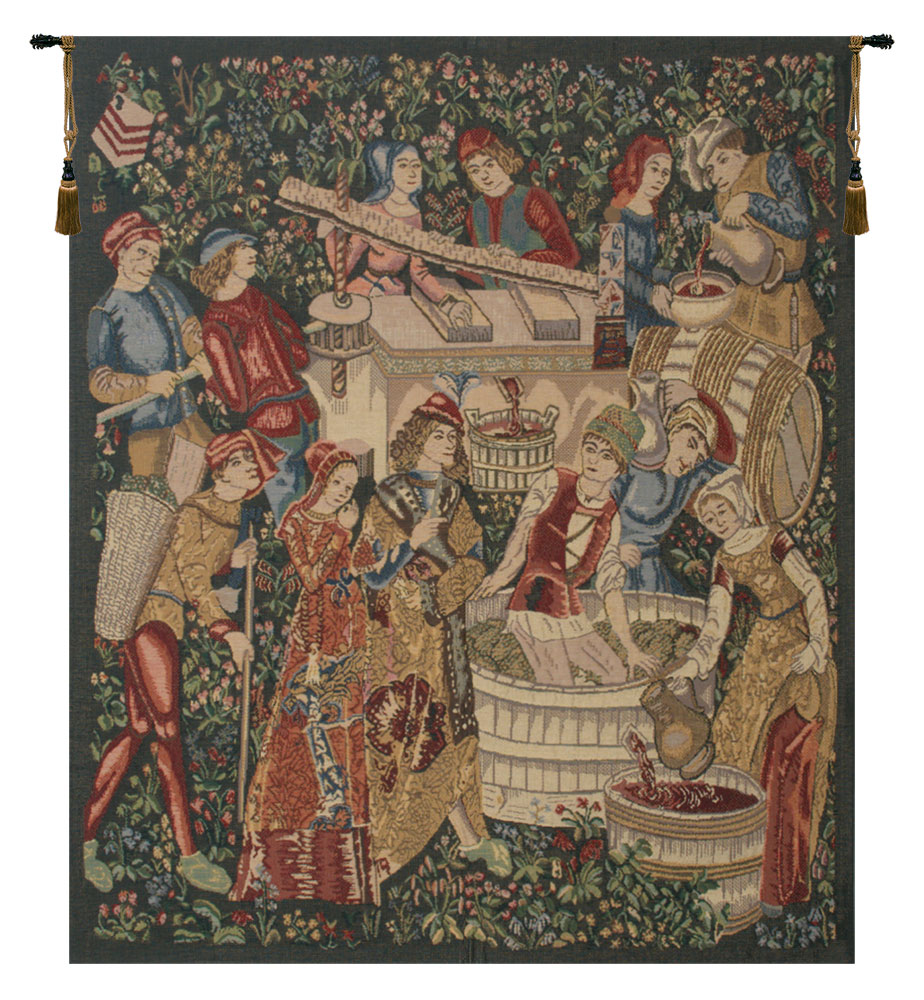Medieval Vendages Left Side Red Vintage Tapestry Wall Hanging 42 x 34 in Grape Harvest Vineyard Jacquard Woven Wall Art