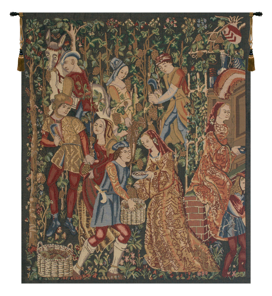 Medieval Vendages Right Side Red Vintage Tapestry Wall Hanging 42 x 34 in Grape Harvest Vineyard Jacquard Woven Wall Art