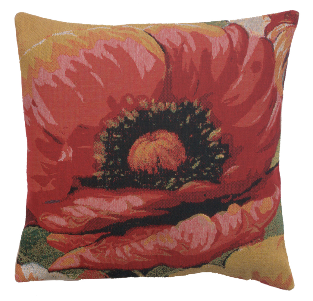 Floral Poppies Tapestry Pillow Cover 16x16 Inch Cotton Jacquard Woven Cushion Cover