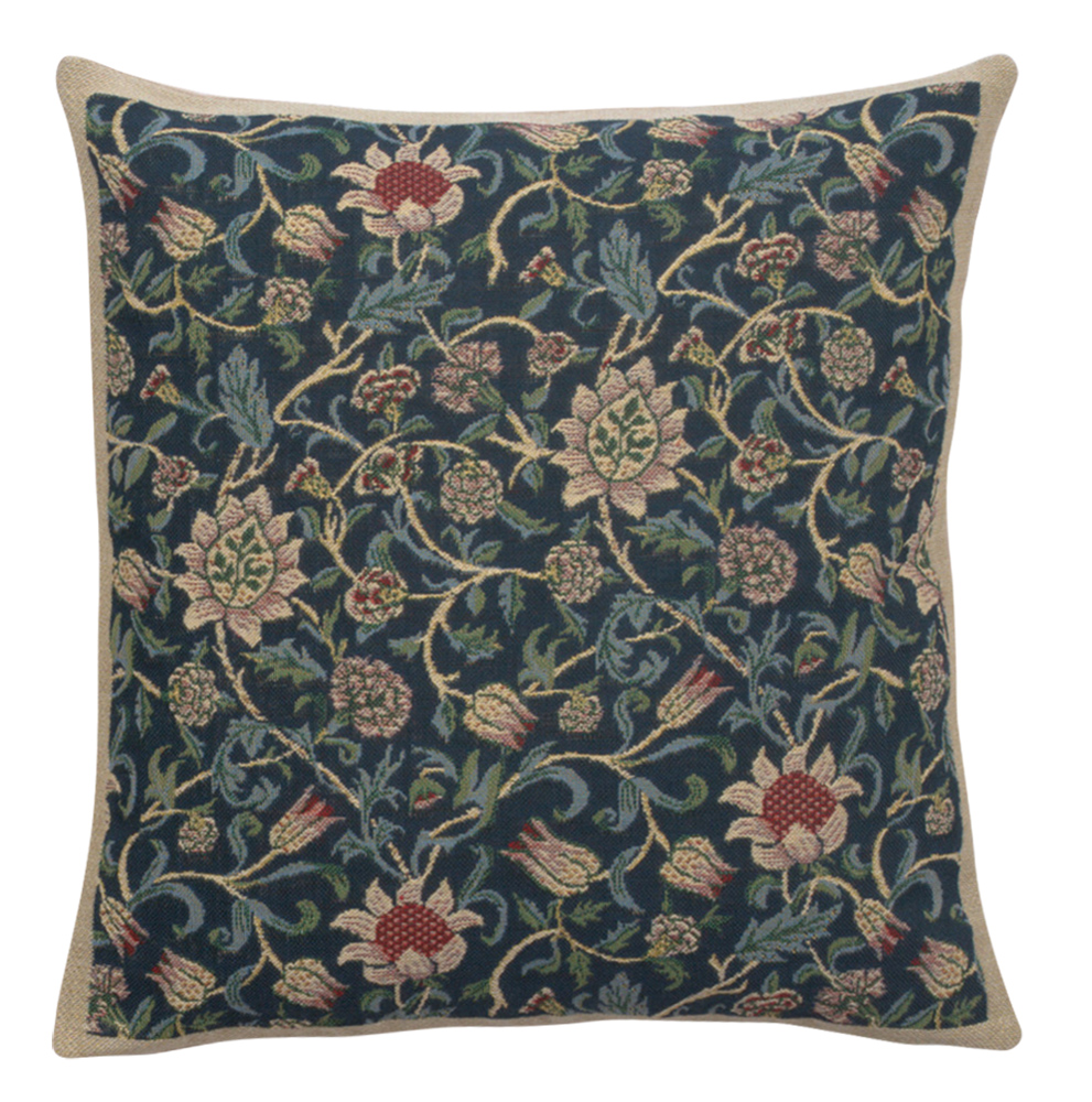 Blue Flowers Belgian Tapestry Pillow Cover 16x16 inch Cotton Jacquard Woven Cushion Cover