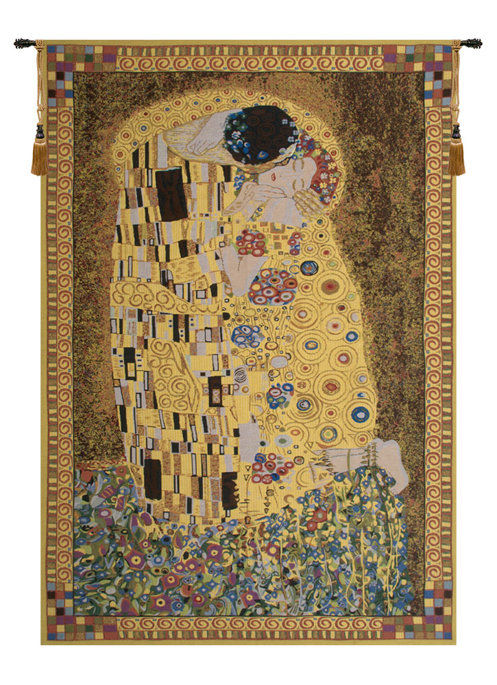 Gustav Klimt The Kiss Yellow Vintage Tapestry Wall Hanging 24 x 16 in Art Nouveau Romantic Jacquard Woven Wall Art