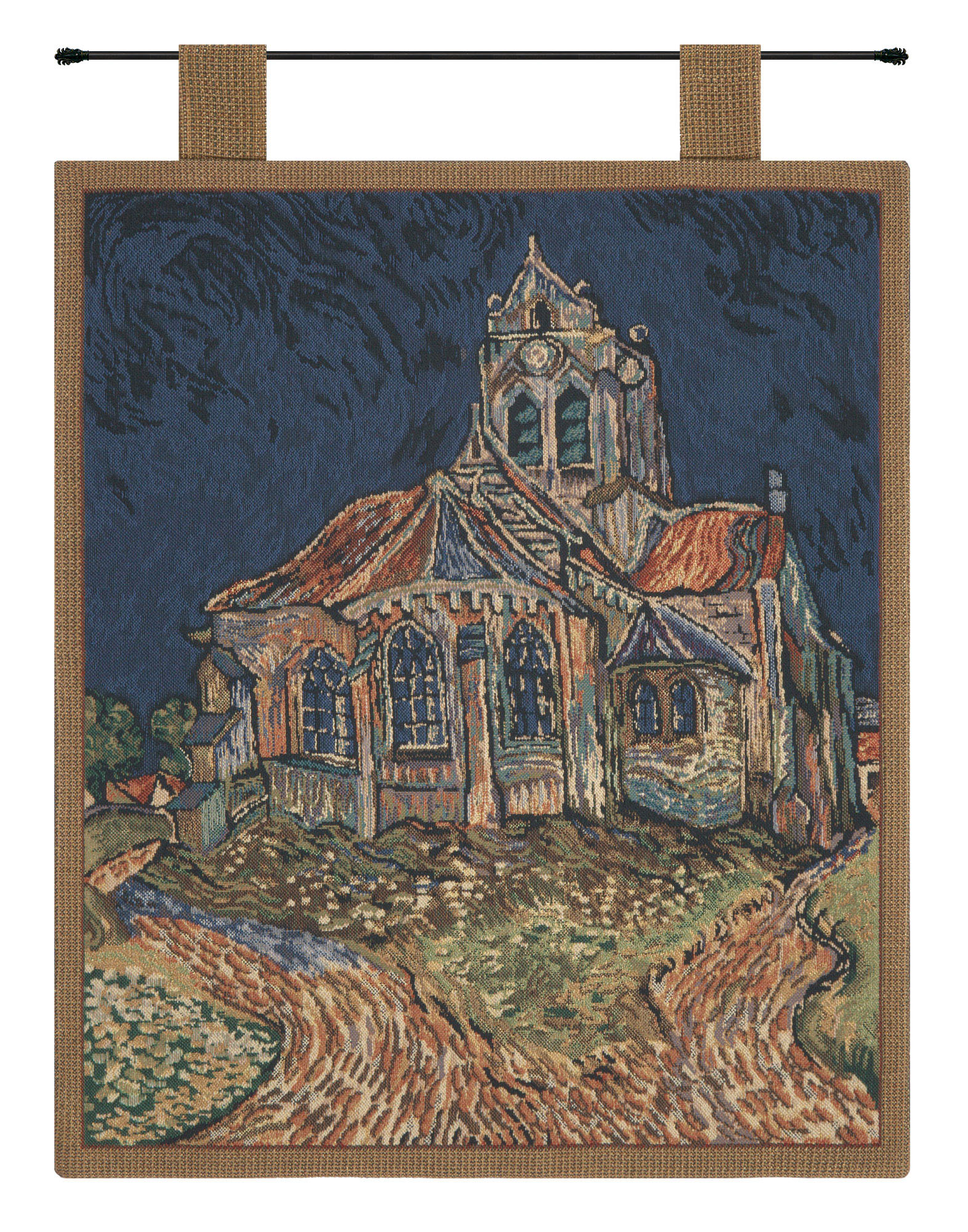 Vincent van Gogh Church of Auvers Belgian Tapestry Wall Hanging 21x18 Inch Cotton Jacquard Woven Wall Tapestry
