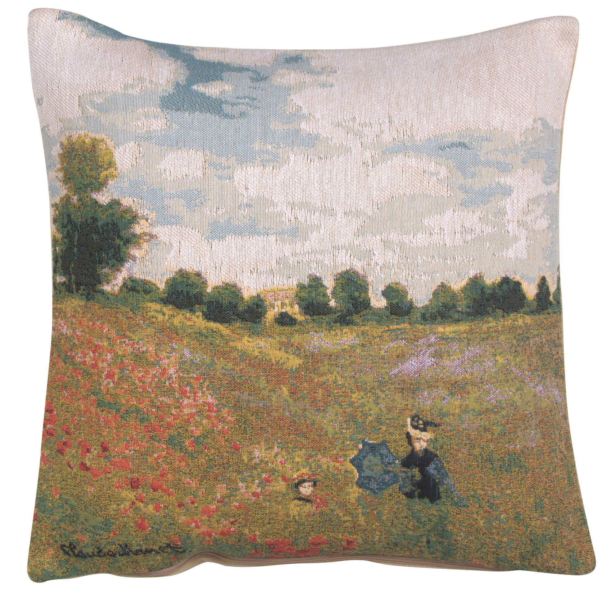 Claude Monet Poppy Field Tapestry Pillow Cover 18x18 Inch Cotton Jacquard Woven Cushion Cover