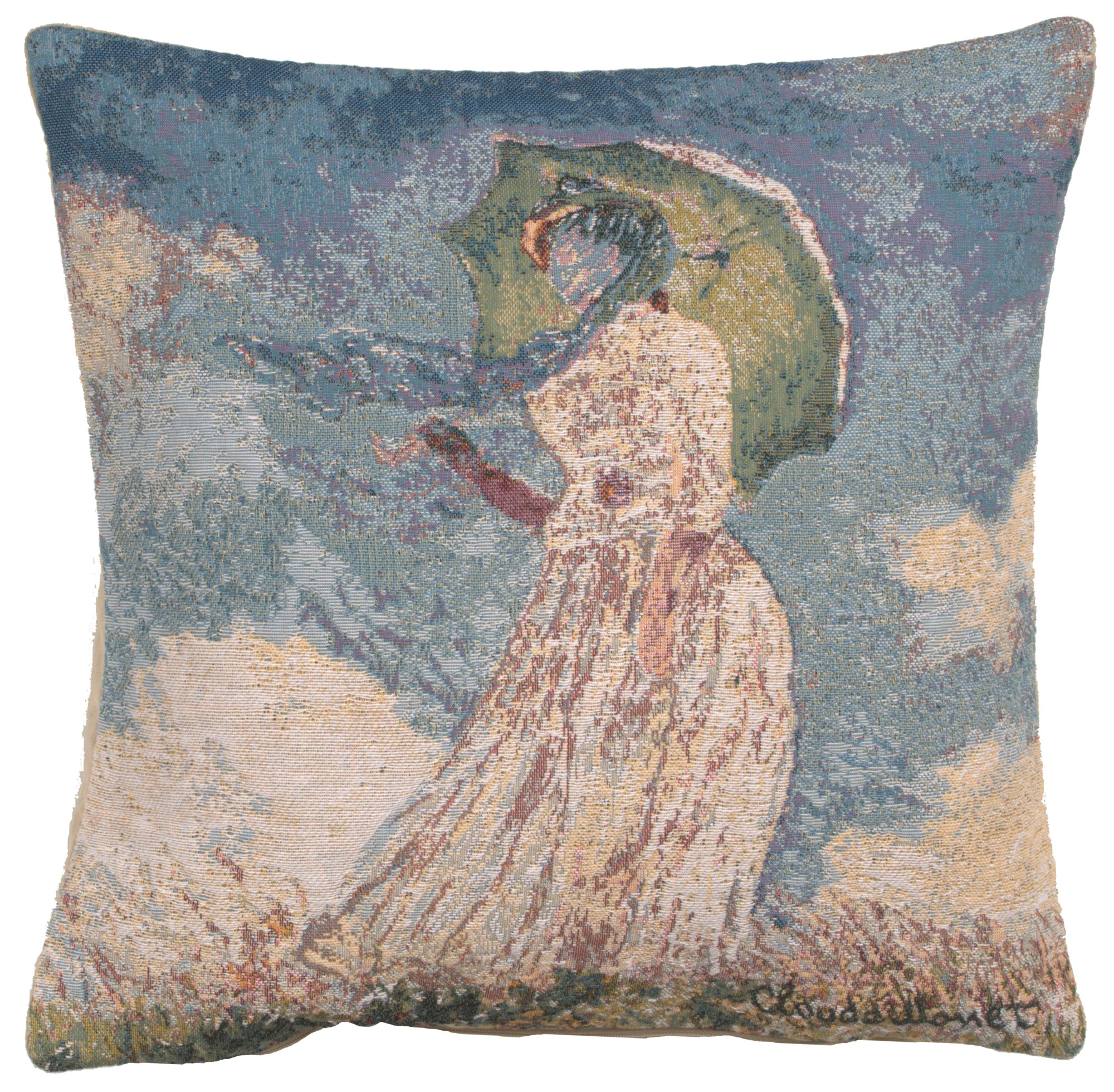 Claude Monet Lady with Umbrella Tapestry Pillow Cover 18x18 Inch Cotton Jacquard Woven Cushion Cover
