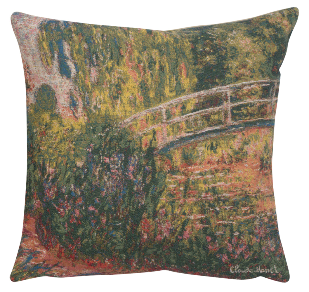 Claude Monet Japanese Bridge Tapestry Pillow Cover 18x18 Inch Cotton Jacquard Woven Cushion Cover