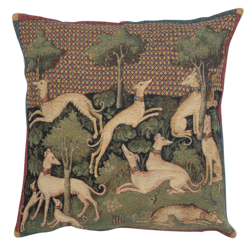 Medieval Dogs Tapestry Pillow Cover 18x18 Inch Cotton Jacquard Woven Cushion Cover