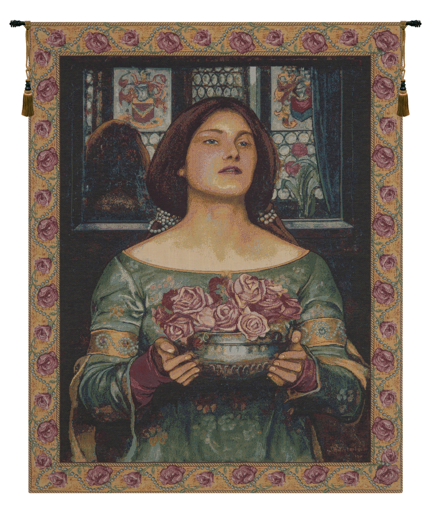 John William Waterhouse Offering Rose Vintage Tapestry Wall Hanging 34 x 24 Pre-Raphaelite Romantic Woman Jacquard Woven Wall Art