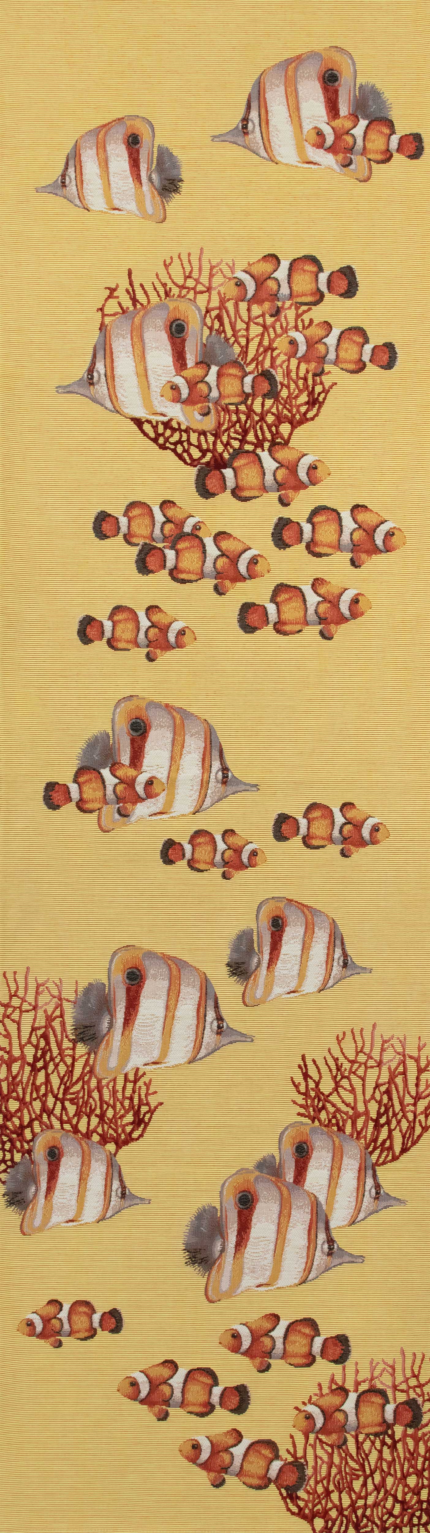 Exotic Fish Yellow French Jacquard Woven Table Runner 71x19 Inch Coastal Dining Decor