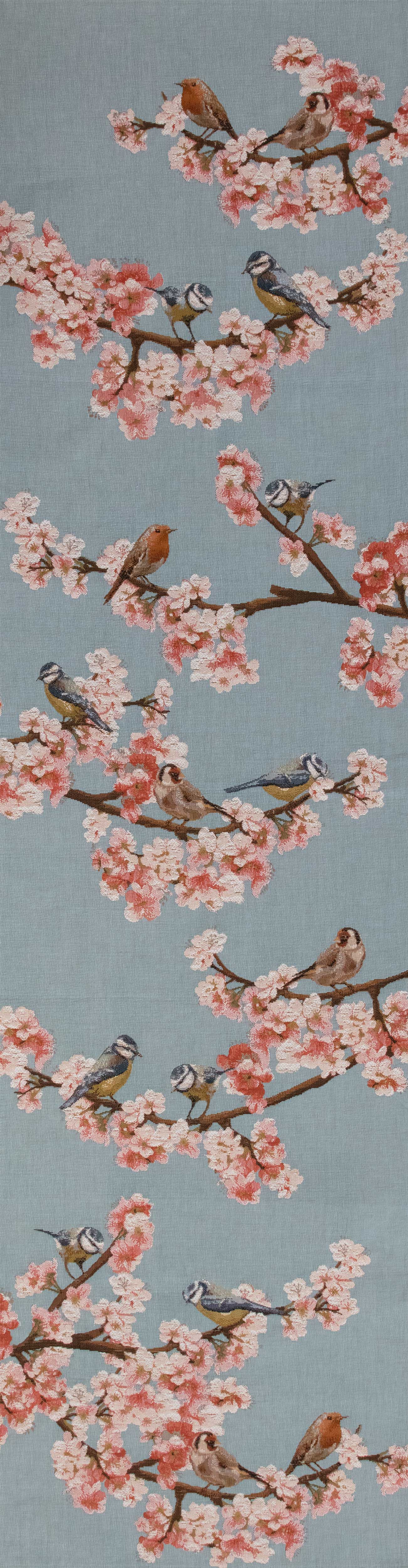 Passerines Branch Blue French Jacquard Woven Table Runner 71x19 Inch Bird Botanical Decor